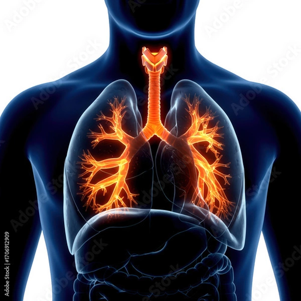 Obraz Detailed 3d rendering of the human respiratory system with glowing lungs isolated on transparent background