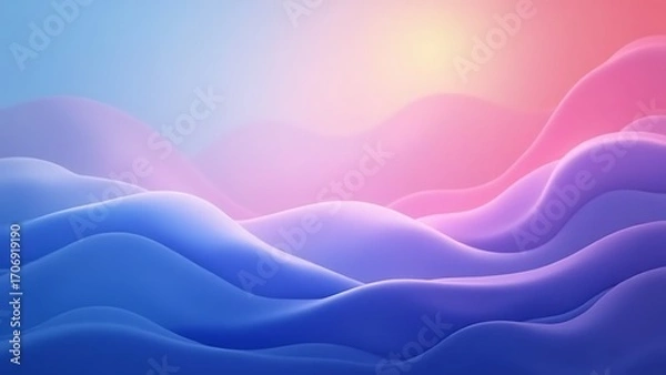 Fototapeta Vibrant abstract background of serene, flowing waves in a dreamy pastel gradient of blue, pink, and purple light