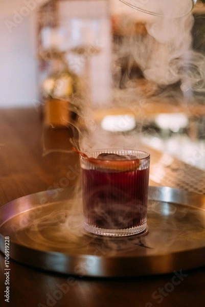 Fototapeta Negroni glass. Smoke drink. Red alcoholic cocktail served with ice cube citrus slice peel. Aromatic refreshing liquor mix on pub counter.