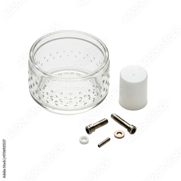 Obraz Clear glass container with white cap and small metal parts isolated on transparent background
