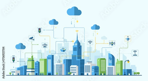Fototapeta Smart City Network Infrastructure Technology And Cloud Computing Concept