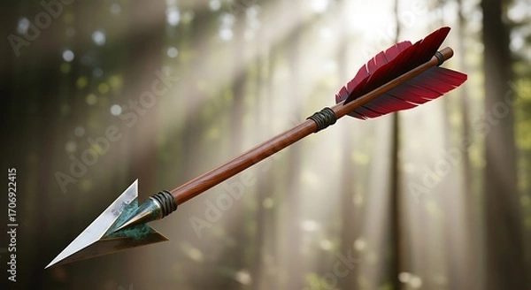 Fototapeta Close-up of a traditional hunting arrow with a metallic point and feathered fletching in a sun-drenched enchanted forest