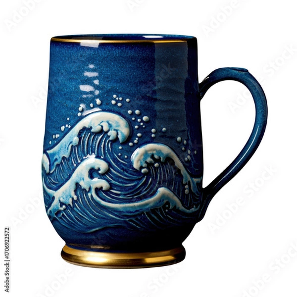 Obraz Ornate blue ceramic mug featuring embossed wavy ocean design with gold accents isolated on transparent background