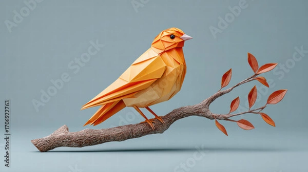 Fototapeta Folded paper bird perched on textured branch with autumn leaves, geometric origami style and warm orange tones conveying calm and craftsmanship
