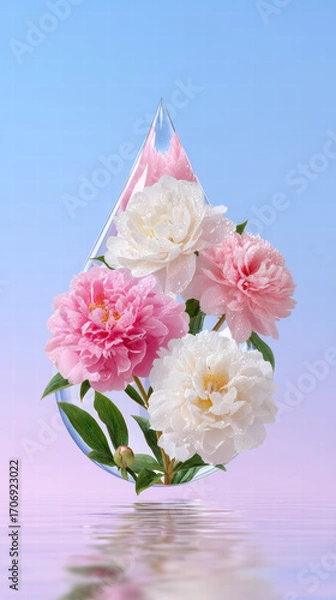 Fototapeta Teardrop mirror reflecting pink and white peony flower with water droplet on petals and soft blue pink gradient background, evoking delicate romantic mood