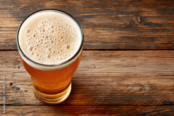 Fototapeta Golden amber beer in foaming pint glass on rustic wooden table, top down composition conveying refreshment and cozy atmosphere