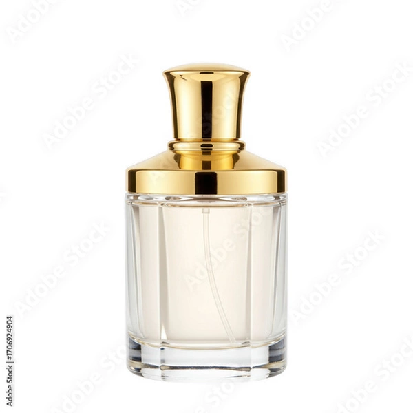 Obraz Elegant glass perfume bottle with gold cap isolated on transparent background