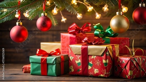 Obraz Christmas Gifts under Tree with Ornaments and Lights