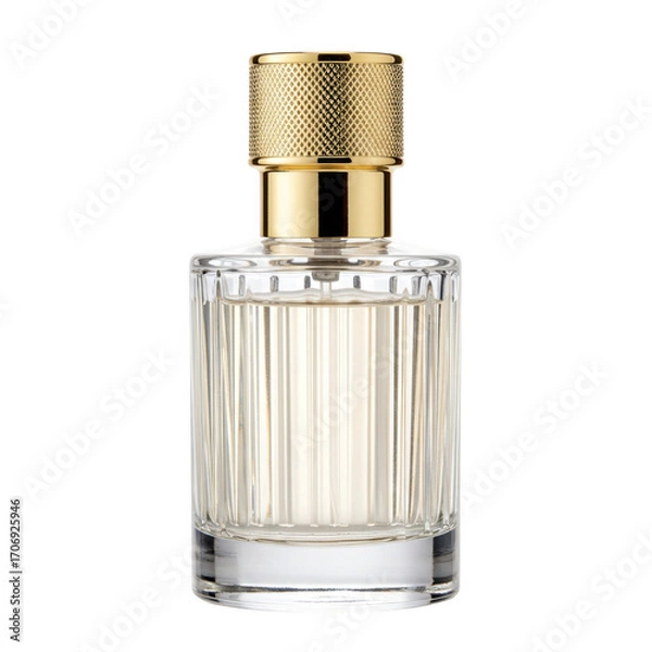 Obraz Elegant clear glass perfume bottle with gold cap isolated on transparent background