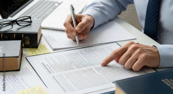 Fototapeta Professional photo of a person's hands reviewing a contract or legal document on a desk, for concepts of business, finance, and legal affairs