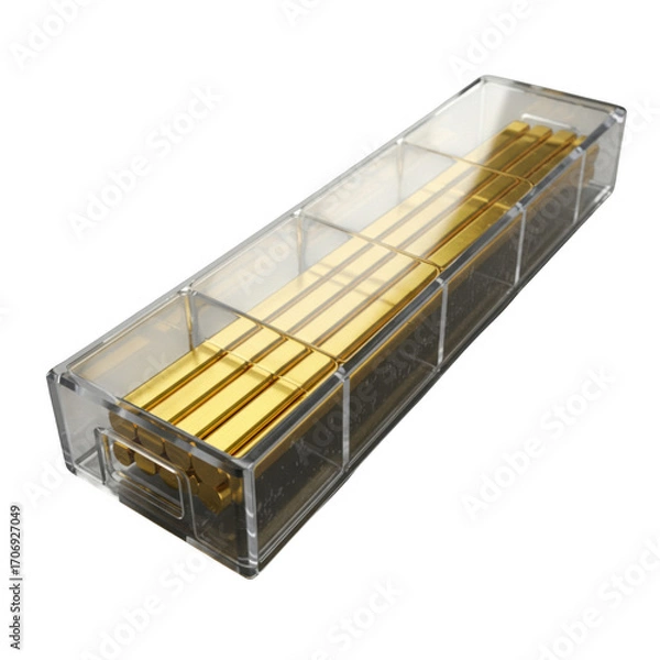 Obraz Golden musical instrument strings in a clear rectangular display case isolated on transparent background