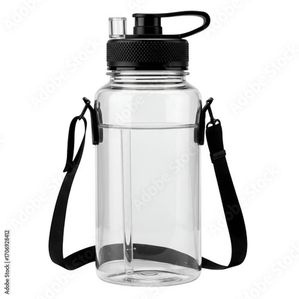 Obraz Clear plastic water bottle with black flip top lid and strap isolated on transparent background