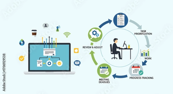 Fototapeta Workflow Management Process Illustrated With Laptop And Cycle Diagram