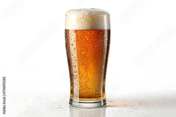 Fototapeta Illustration of refreshing pilsner beer in a tall glass with condensation, isolated on white background, perfect for a hot day