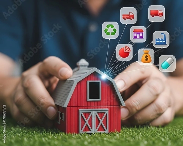 Fototapeta Innovations in farming. Modernization of the agro-complex. Smart farm. Automation in agriculture and AI-driven farming. Precision technology and eco-efficiency. Smart infrastructure for food productio