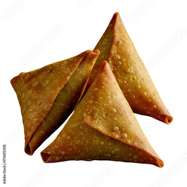 Obraz Golden brown triangular samosas stacked together isolated on transparent background