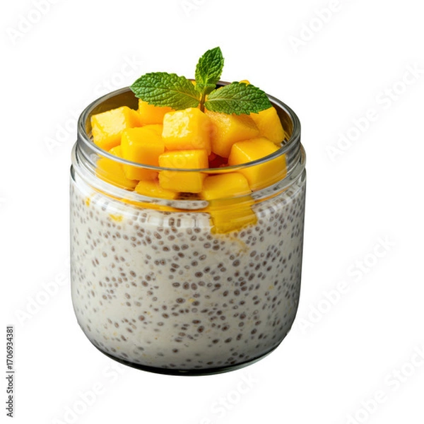 Obraz Healthy mango chia seed pudding in a glass jar with fresh mint isolated on transparent background