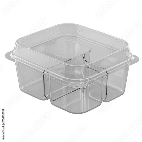 Obraz Clear square plastic food container with three compartments and lid isolated on transparent background