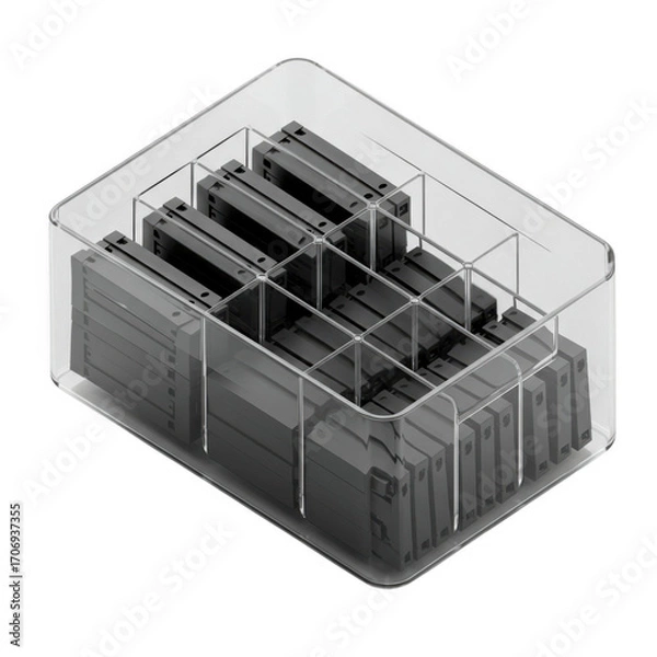 Obraz Transparent plastic container filled with small electronic components isolated on transparent background