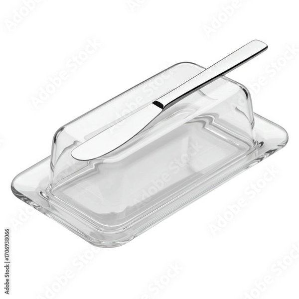 Obraz Elegant clear glass butter dish with silver knife isolated on transparent background
