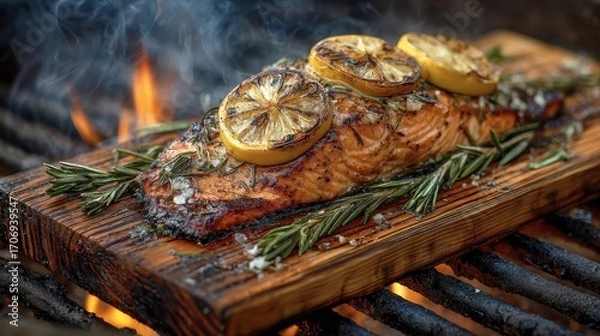 Fototapeta Grilled Salmon with Lemon and Rosemary.