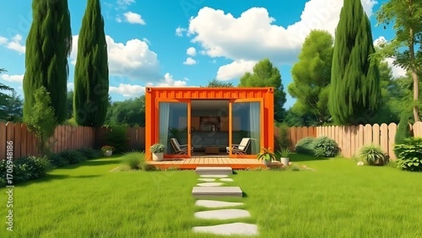 Fototapeta A bright orange repurposed cargo container transformed into a chic tiny house in a sunny, idyllic backyard oasis