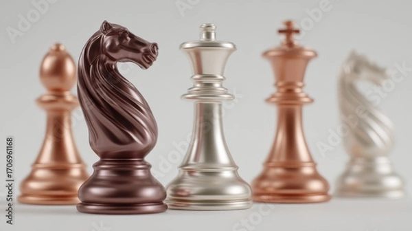 Fototapeta Metallic chess pieces in a row in brown, silver, and bronze, representing strategy, intelligence, and competition