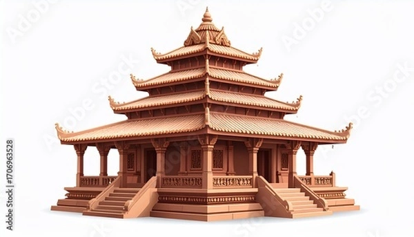 Fototapeta Detailed rendering of a traditional multi-tiered architectural structure isolated on white