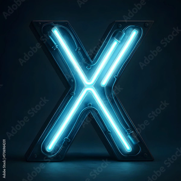 Fototapeta Letter X neon blue glowing alphabet sign on dark background futuristic typography
