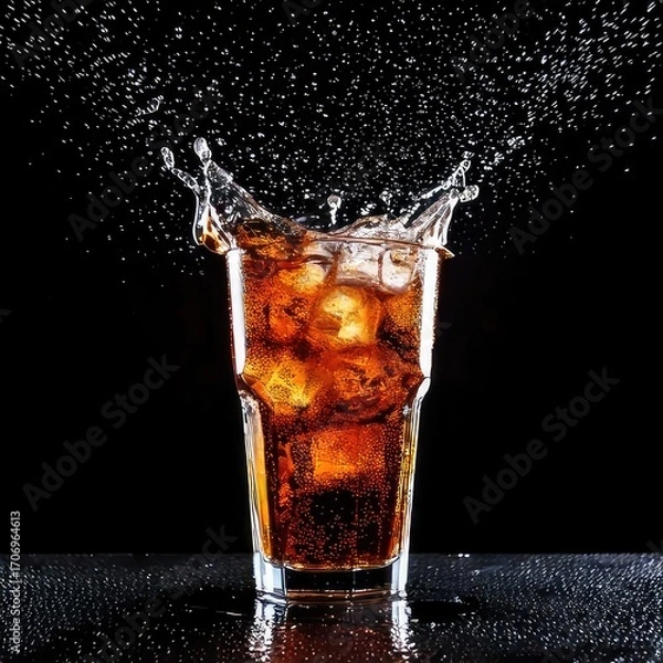 Fototapeta A glass of cola with ice, a splash of liquid and ice