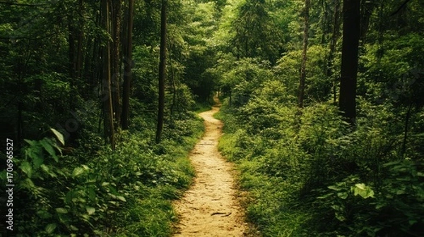 Fototapeta A path through a forest with trees on both sides
