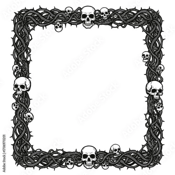 Fototapeta Thorny Branches and Skulls Border Frame