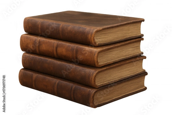 Fototapeta Four antique leather-bound books stacked, showing signs of age and wear, isolated on transparent background