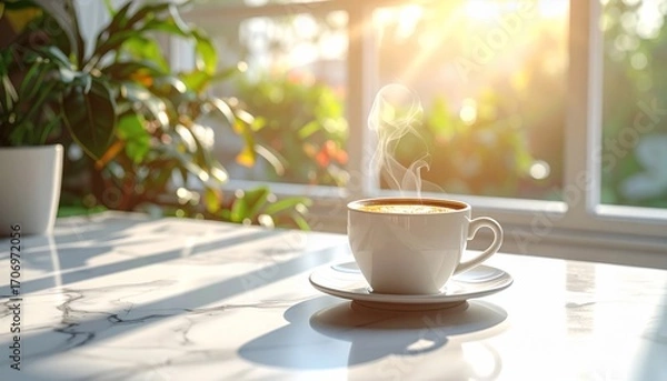 Fototapeta A serene moment captured: coffee cup on a sunlit table near a window