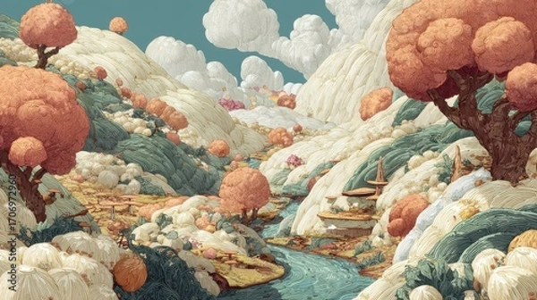 Fototapeta Serene Mountain Landscape with Autumnal Trees and Flowing River.