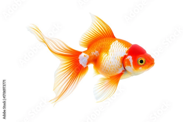 Fototapeta Orange and White Oranda Goldfish Stock Photo: Fancy Pet Fish with Flowing Tail Fins Isolated on White Background, PNG for Aquarium or Pet Store Use