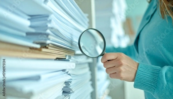 Fototapeta Businesswoman conducts a detailed financial audit, examining stacks of documents with a magnifying glass AIzaSyClPJ0XRC-nu8GkvNTzMe5e9SBIdu4I2DE