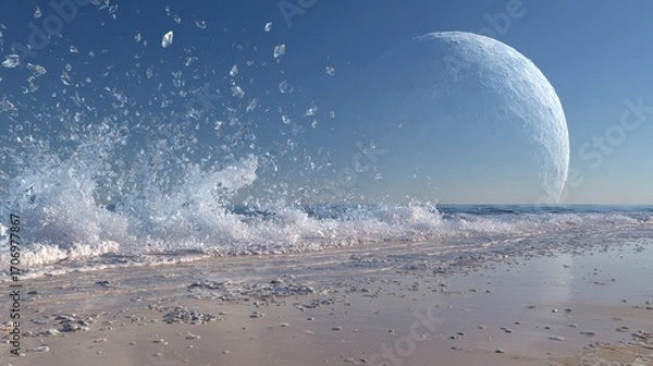 Fototapeta Surreal Beachscape - Waves Crashing Under a Giant Moon.