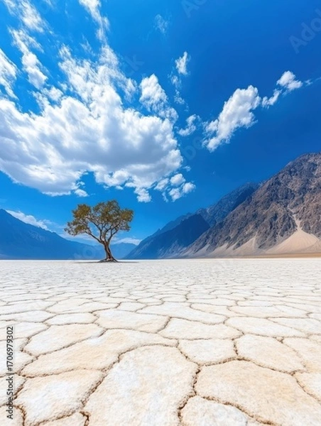 Fototapeta Lonely Tree on Salt Flat with Mountains