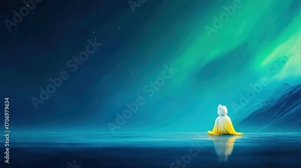 Obraz Figure in Yellow Cloak Under Northern Lights