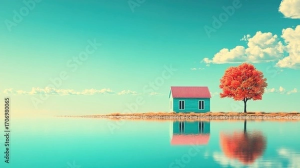 Fototapeta Small Blue House and Red Tree by Lake