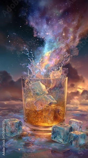 Fototapeta Whiskey Dreamscape - A Glass of Amber Liquid with Celestial Clouds.