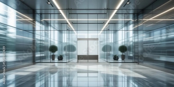 Fototapeta Elegant Office Lobby with Silver Glass, Gentle Motion Effect, and a Clean and Professional Corporate Image