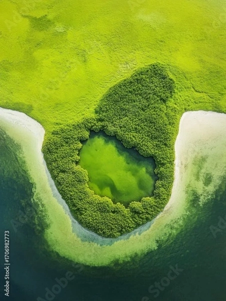 Fototapeta Aerial View of Green Lagoon and Coastline