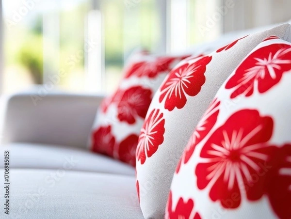 Fototapeta White Sofa with Red Floral Pattern Cushions