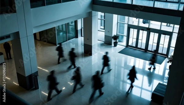 Fototapeta Blur of People Walking Through Modern Office Building Lobby
