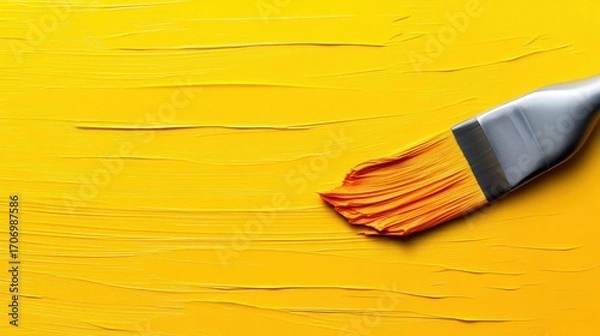 Fototapeta Paintbrush with Yellow Paint on Canvas