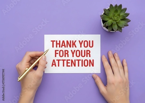 Fototapeta Thank you for your attention concept. Polite expression used to show gratitude to someone for listening and focusing or paying attention to what has been said or presented.