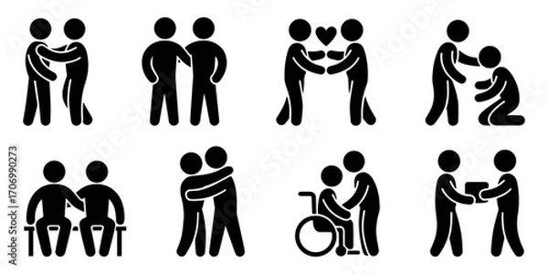 Obraz Stick figure family and community icons vector – people silhouettes showing friendship, support, parenting, helping, and social care activities in black design