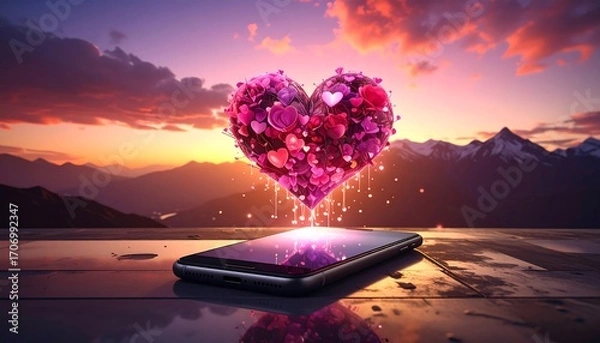 Fototapeta A glowing floral heart hovers above a smartphone against a backdrop of mountains and a vibrant sunset